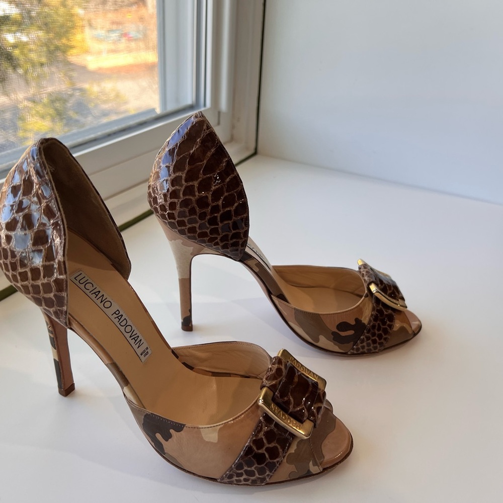 Luciano Padovan Snake Embossed Camouflage Print Peep-Toe Heels 37